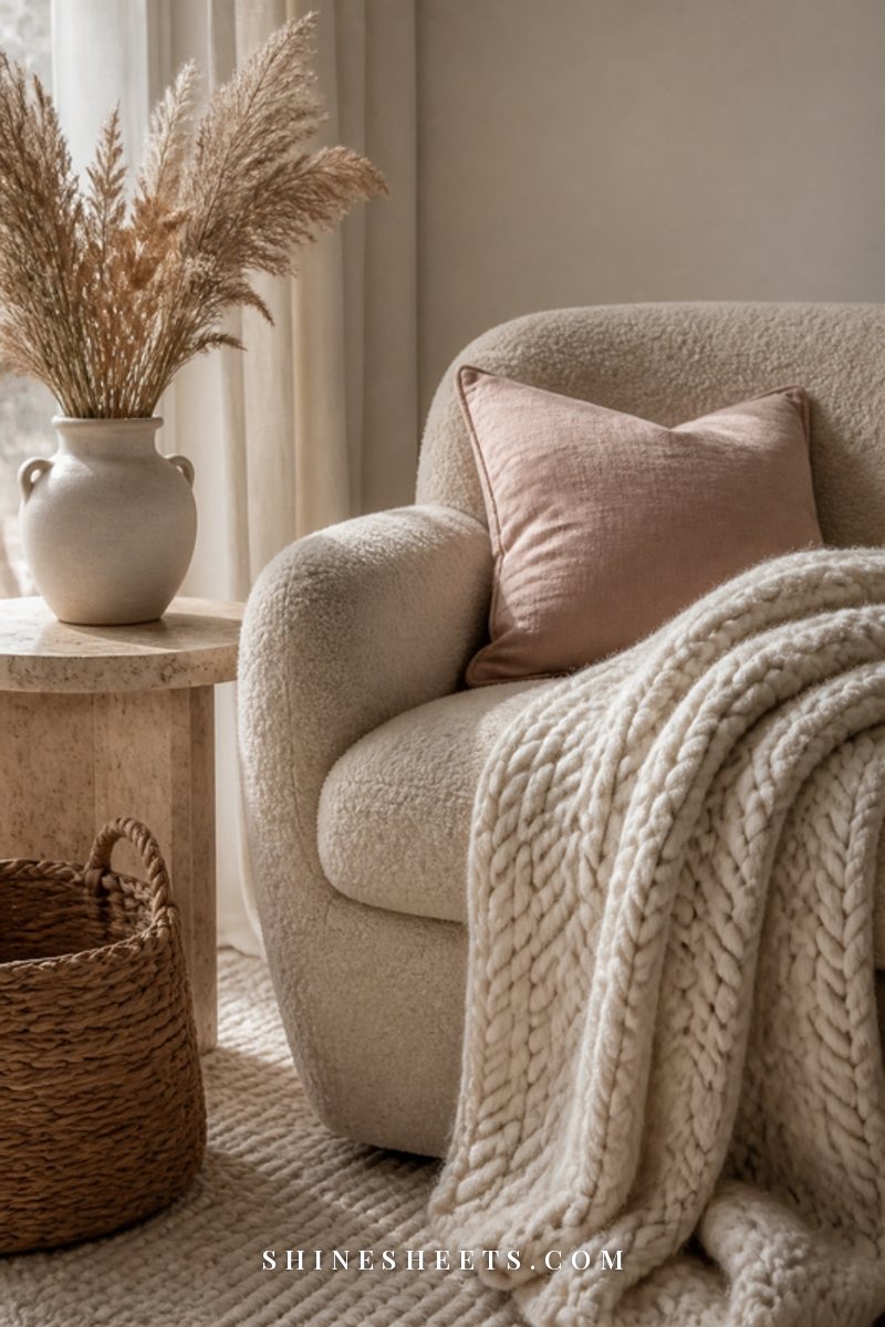 A beige boucle armchair layered with a chunky knit cream throw, a linen cushion and a jute basket on a wool rug