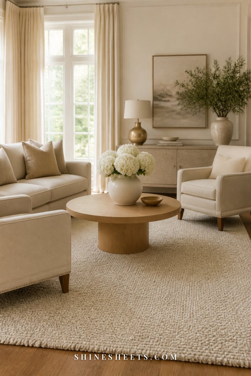 A bright living room with a large cream textured rug under the front legs of a beige sofa and two armchairs