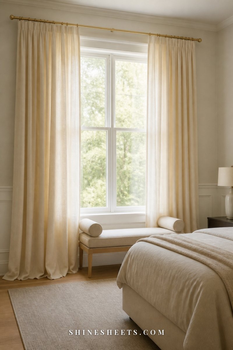 Floor-length cream linen curtains hung high near the ceiling on a slim gold rod framing a tall window in a calm bedroom