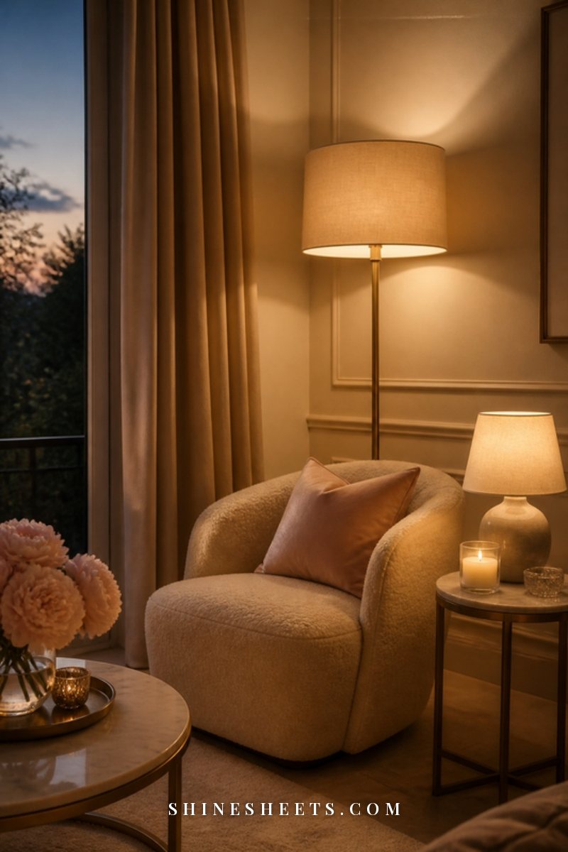 A living room corner at dusk lit by a linen floor lamp, a small table lamp and a glass candle beside a cream armchair