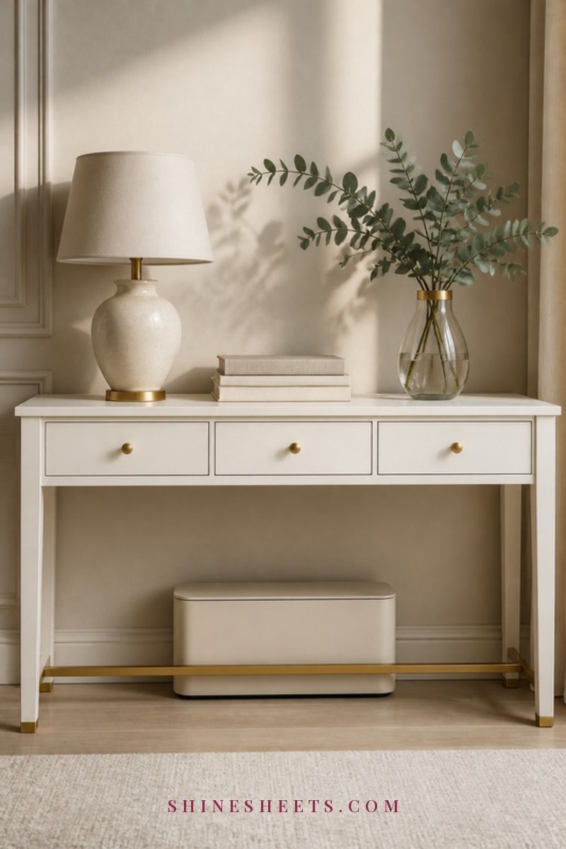 A tidy white console table with a cream lidded cable box, a ceramic lamp and a small vase of eucalyptus against a beige wall