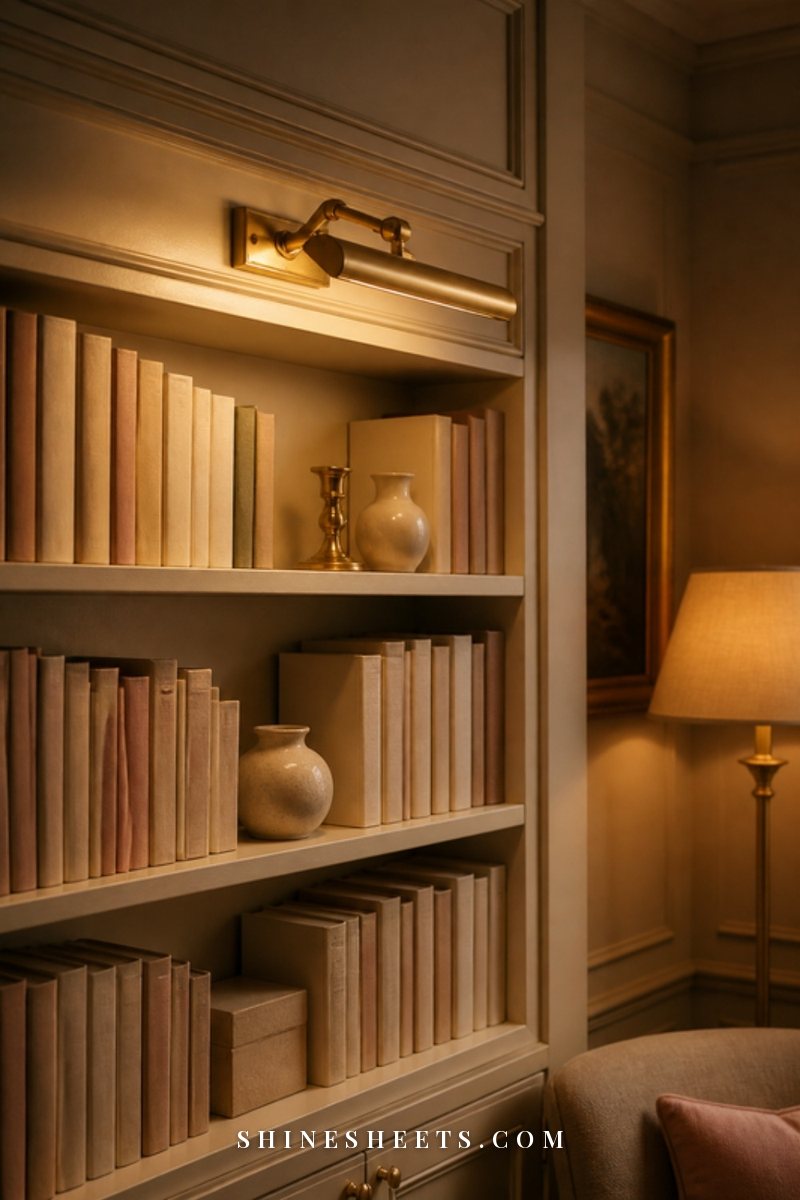Brass picture light glowing above a row of cream and blush book spines on a shelf in a softly lit evening room