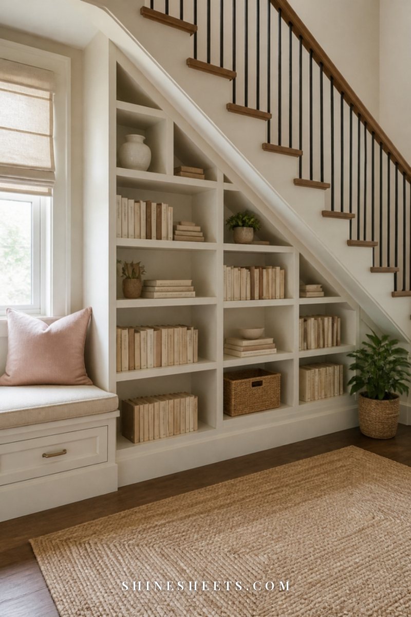 Built-in white shelves under a staircase filled with neatly arranged books, a small cushioned bench and a soft woven rug