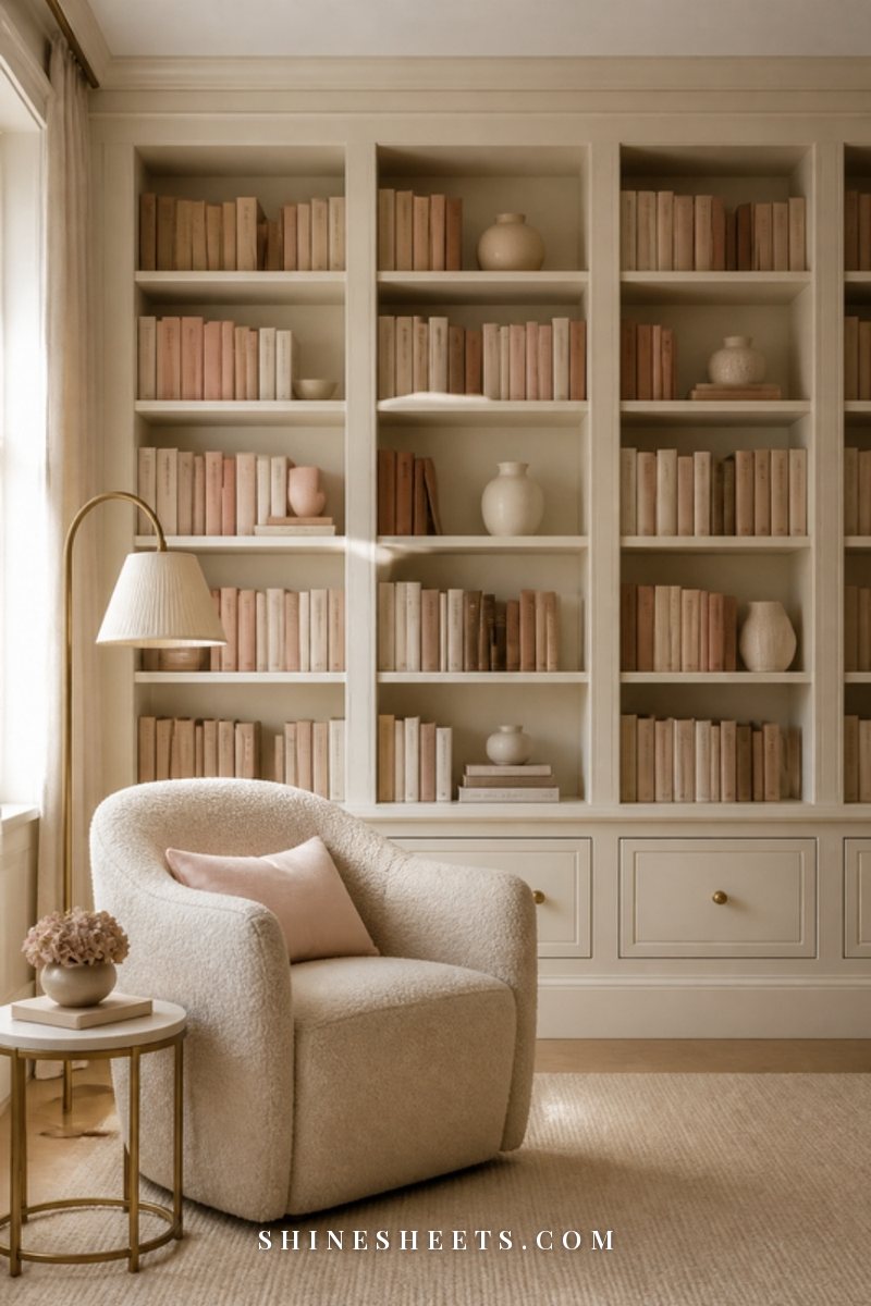 Floor-to-ceiling cream bookshelves filled with books and a few ceramic vases, a cream reading chair and a linen floor lamp in front