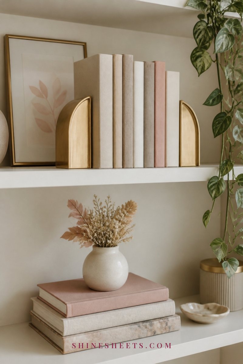 Styled cream bookshelf with books upright and stacked, gold arched bookends, a small ceramic vase and a framed vintage print