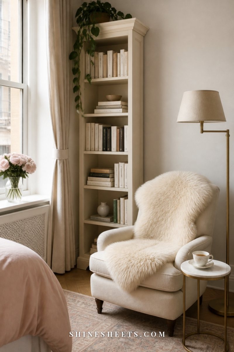 Tall narrow cream bookcase beside a small armchair with a sheepskin throw and a brass floor lamp in a bright small apartment corner