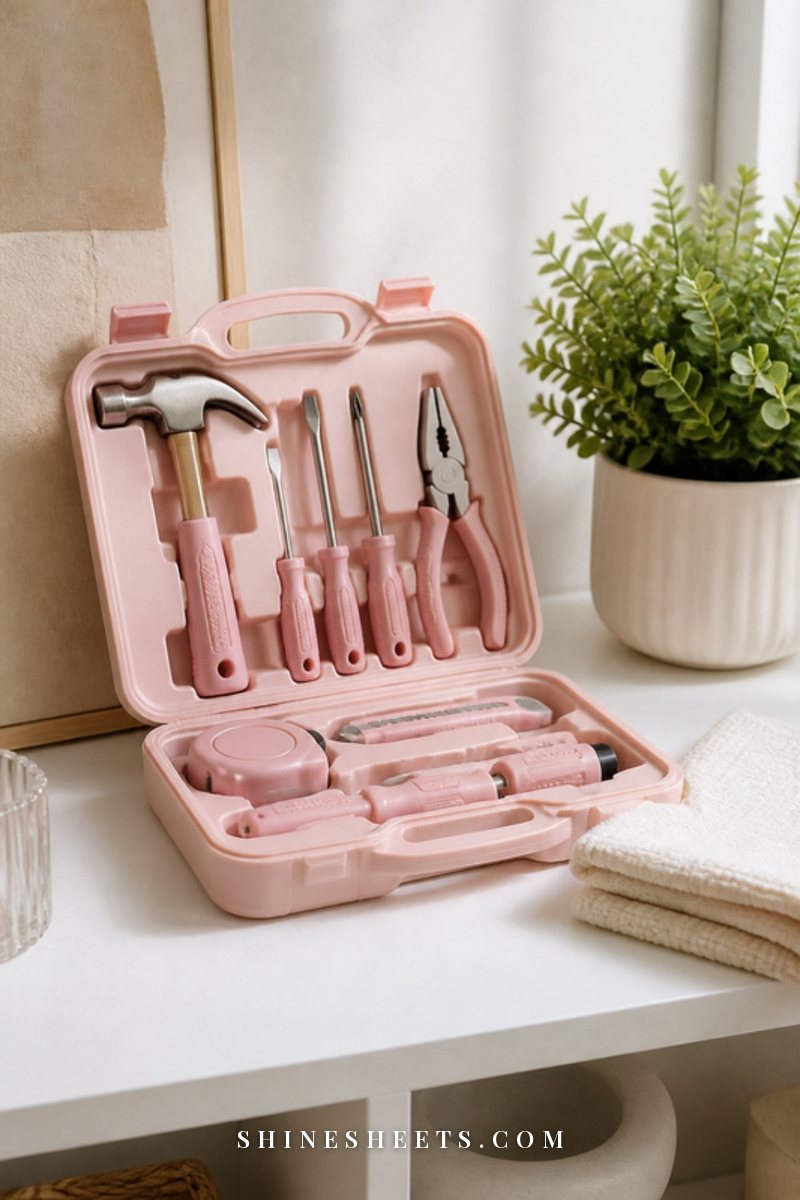 A blush pink household tool kit open on a white wooden shelf beside a folded cream cloth and a small plant