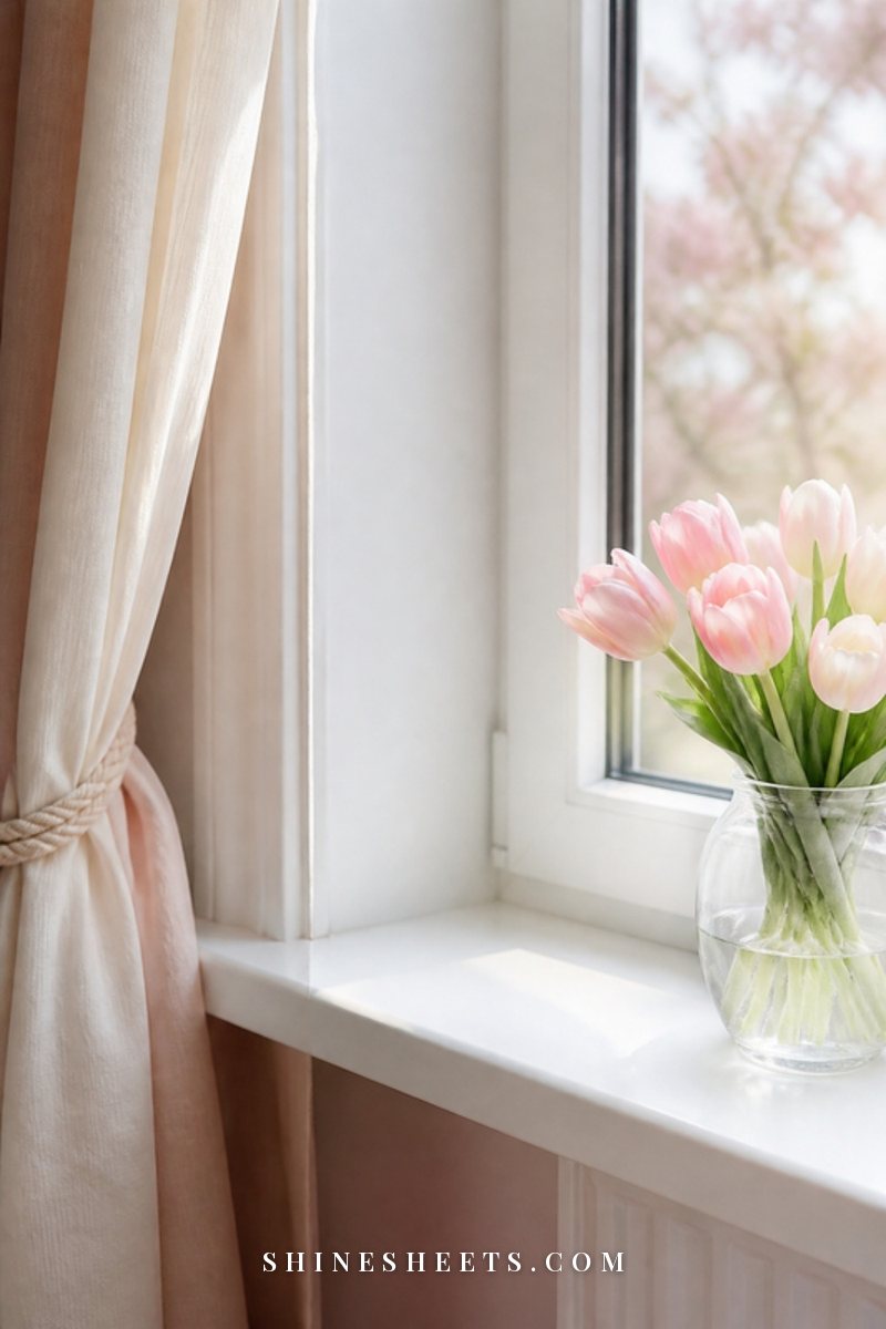 A bright white window with fresh sealant around the frame, sheer cream curtains and a vase of spring tulips on the sill