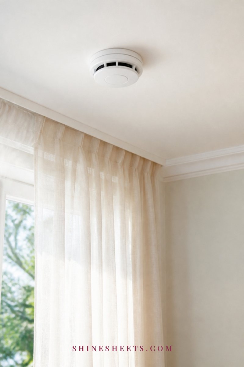 A clean white smoke alarm on a bright white ceiling above a cream linen curtain in soft daylight