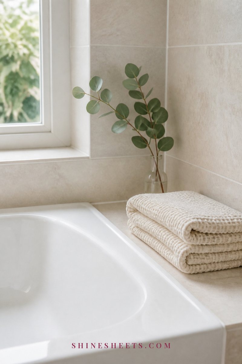 A spotless white bathtub with a fresh, neat line of white caulk, folded cream towels and a eucalyptus sprig