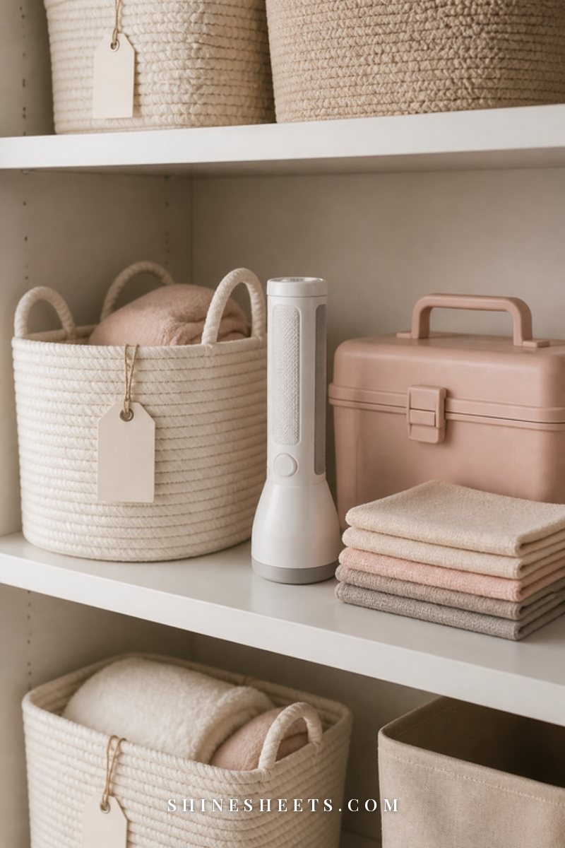 A tidy cream linen closet shelf with woven baskets with blank tags, a rechargeable flashlight and a small tool kit