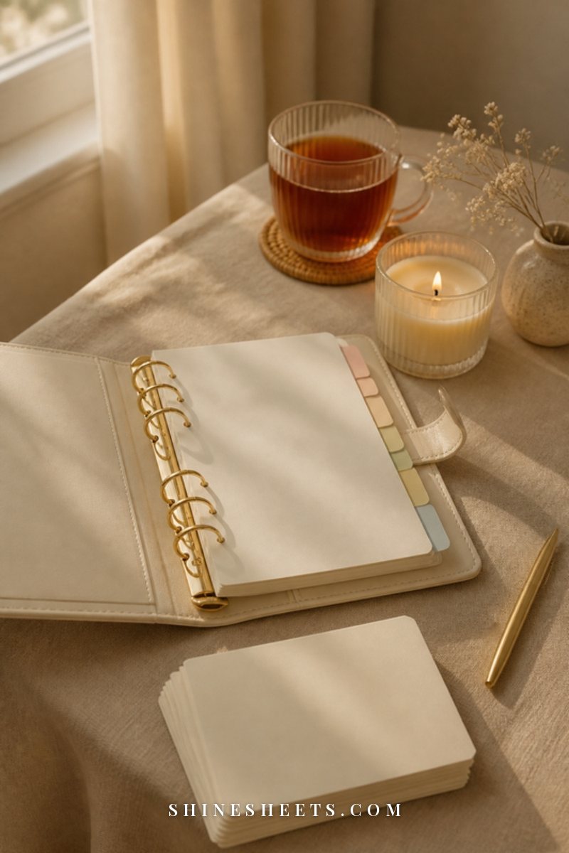 Cream binder open with neat tab dividers on a beige linen tablecloth beside a cup of tea and a small stack of papers