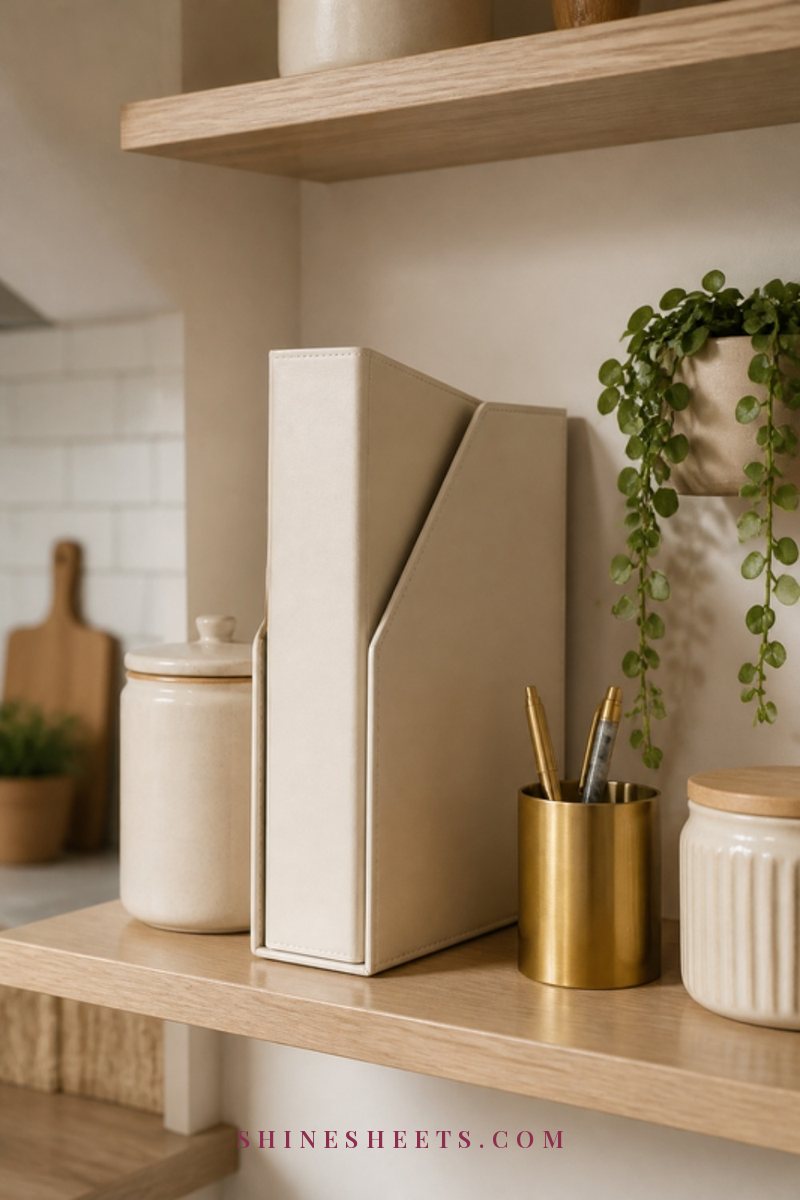 Cream binder standing upright on an open kitchen shelf between ceramic jars and a small potted plant, with a gold pen holder beside it