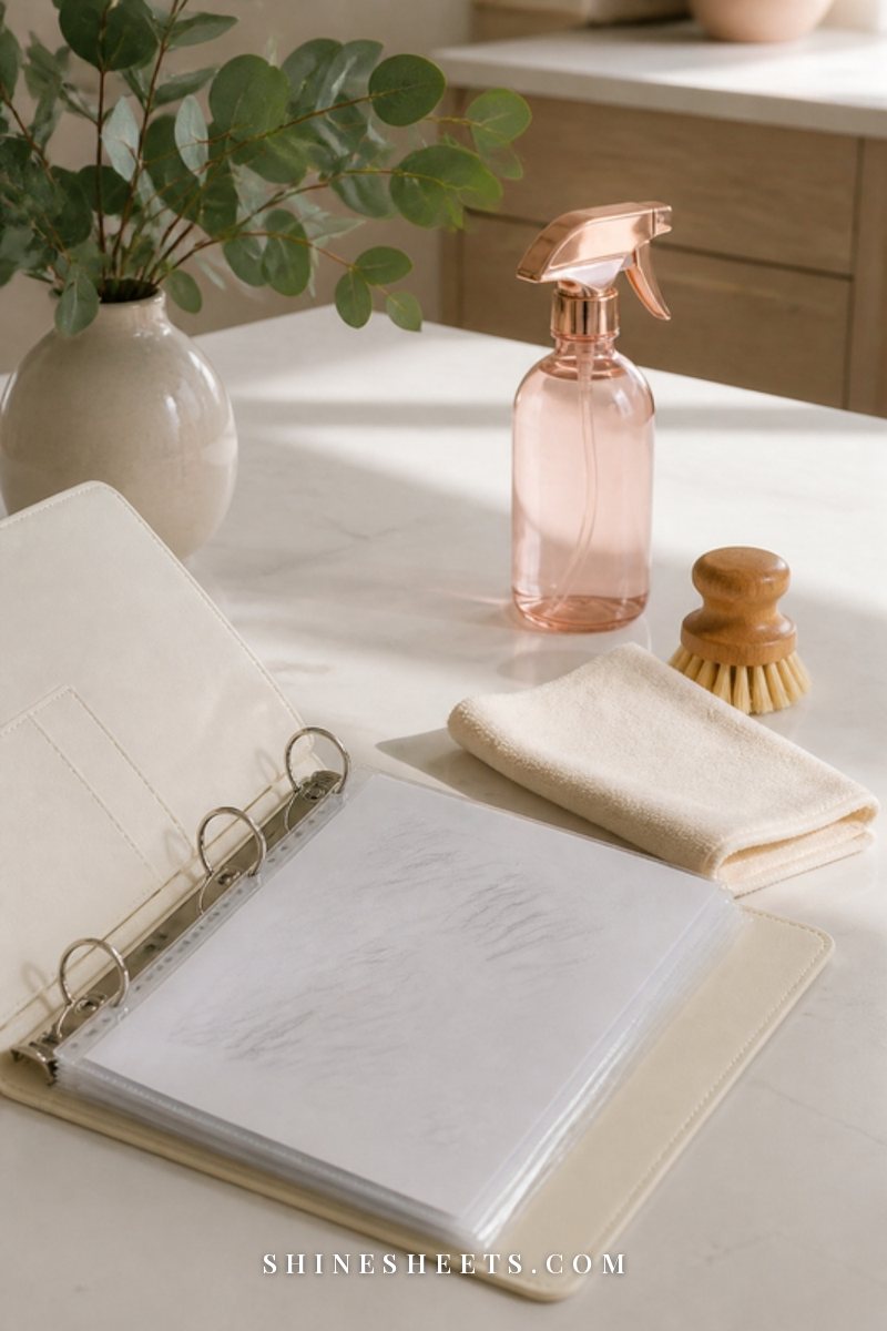 Open binder with a softly handwritten page in a sheet protector beside a blush spray bottle and a cream microfiber cloth on a white counter