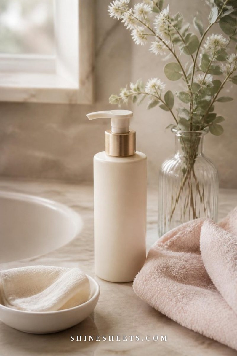 Calm skincare still life of a gentle cream cleanser, a white ceramic dish and a soft folded towel on a beige marble vanity