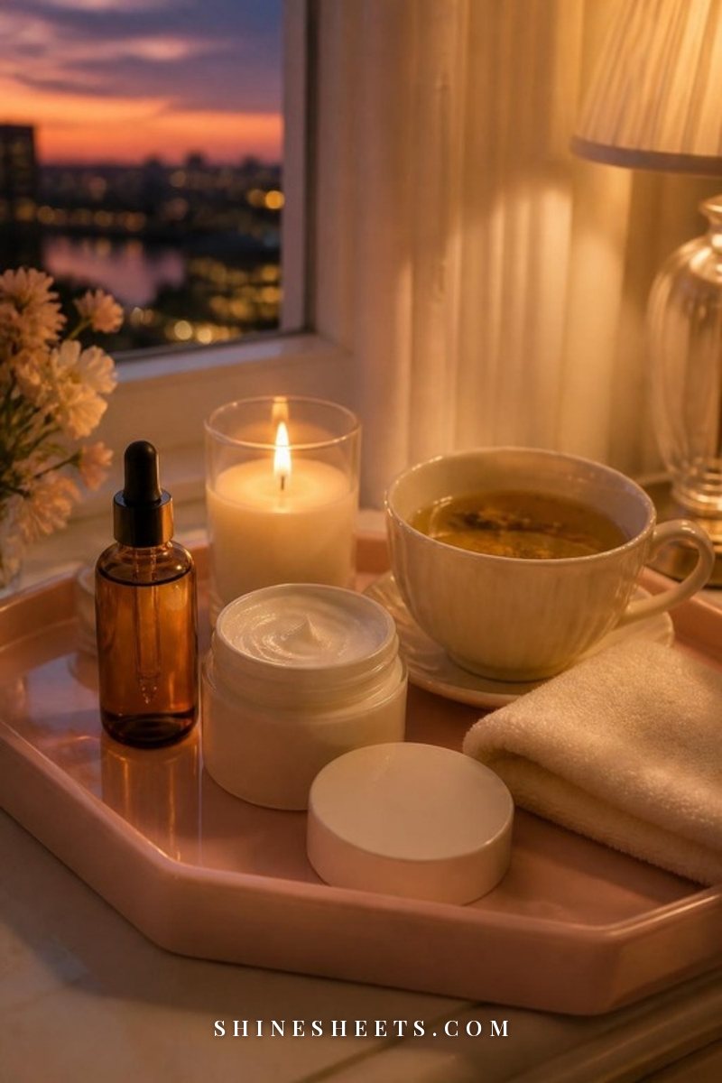 Evening skincare still life with a lit glass candle, a dropper serum and a jar of cream on a blush vanity