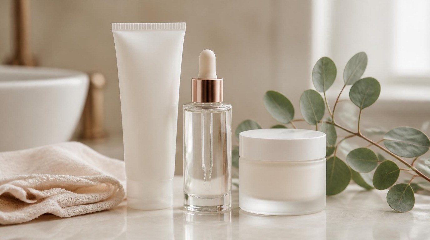 Unlabeled cleanser tube, dropper serum and gel moisturizer jar on a marble vanity with eucalyptus