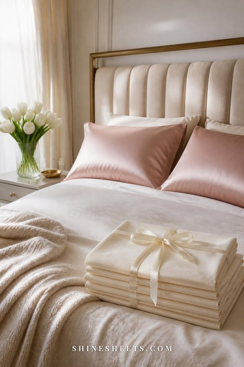 Freshly made bed with crisp white and blush pillowcases stacked neatly in soft morning light