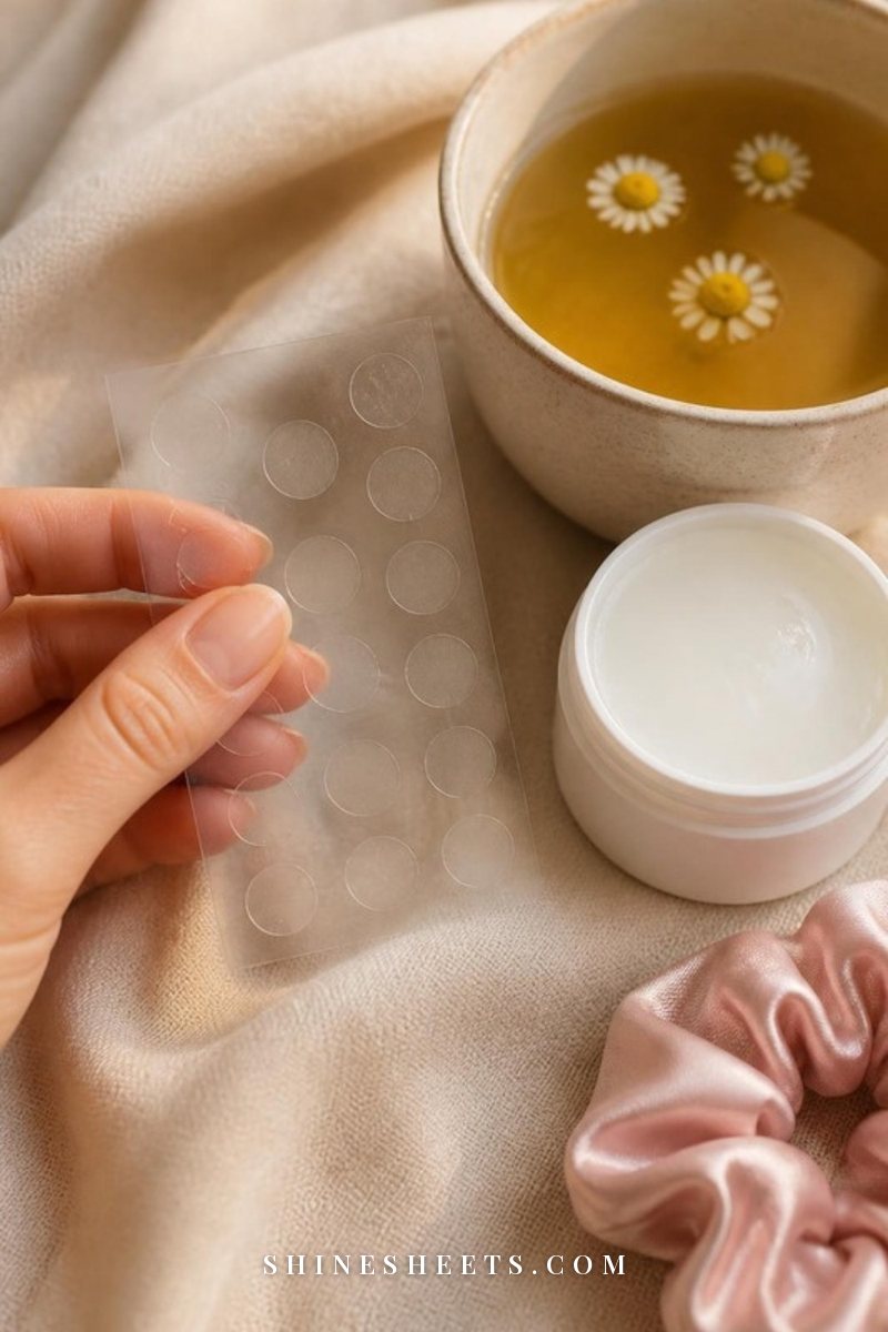 Hand placing a small clear round pimple patch from a sheet beside a cup of tea and a jar of moisturizer