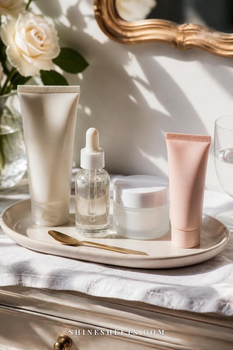 Morning skincare lineup of a cleanser, a dropper serum, a gel moisturizer jar and a sunscreen tube on a cream tray