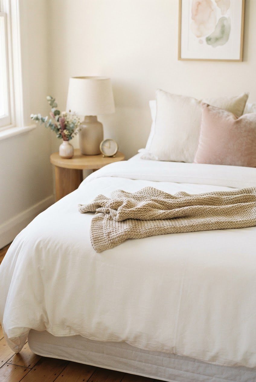 Close-up of a white bed corner with a crisp hotel-style tucked sheet and a folded beige knit throw