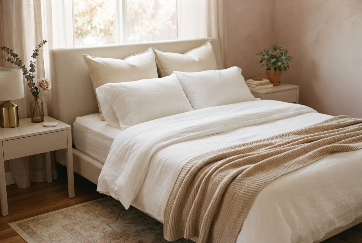 Neatly made bed with crisp white sheets, a folded white duvet, cream euro shams and a beige knit throw in soft morning light