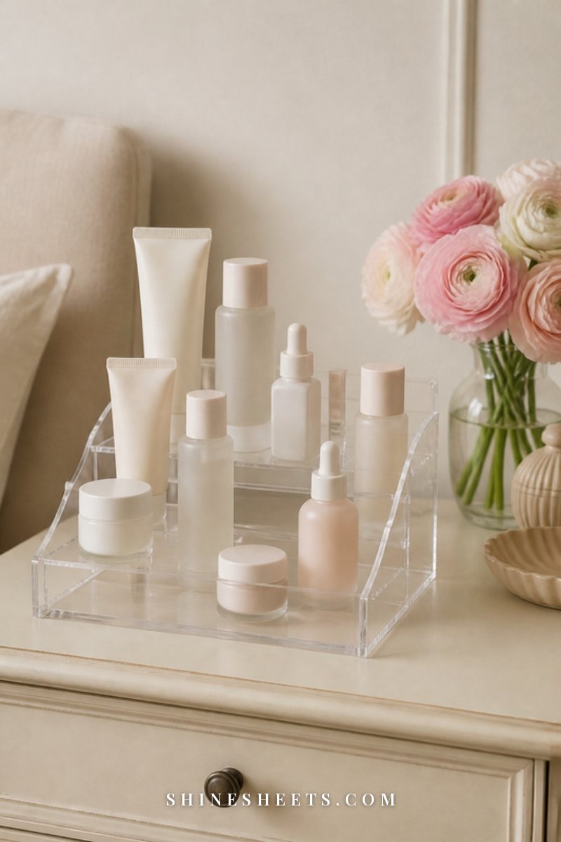 Clear acrylic skincare organizer with plain bottles and tubes on a cream bedroom vanity away from the window