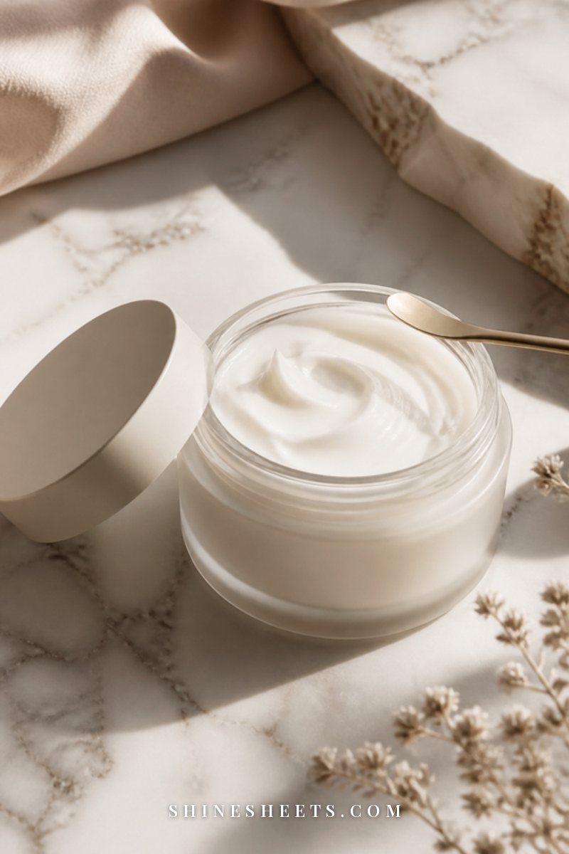 Open cream jar of moisturizer with a small gold spatula resting on a white marble surface