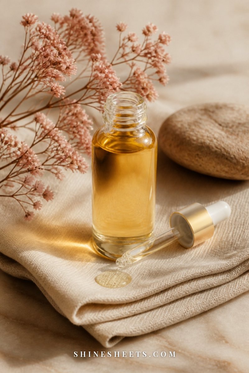 Small clear glass dropper bottle of golden face oil on a cream linen cloth beside a sprig of dried flowers