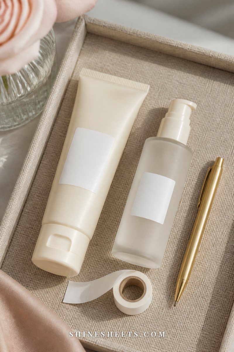 Small white label sticker on the side of a plain cream skincare tube next to a fine gold marker on a linen tray