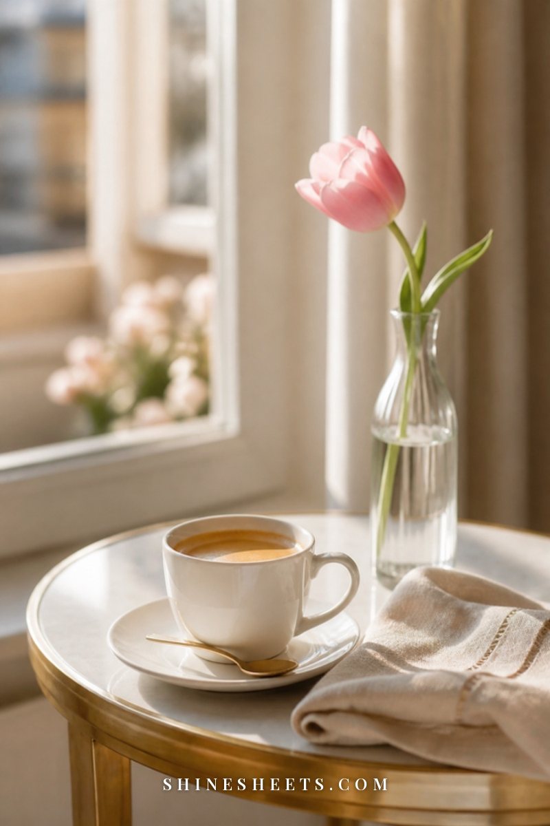 A cream linen napkin, a closed blank envelope and a cup of tea on a quiet breakfast table