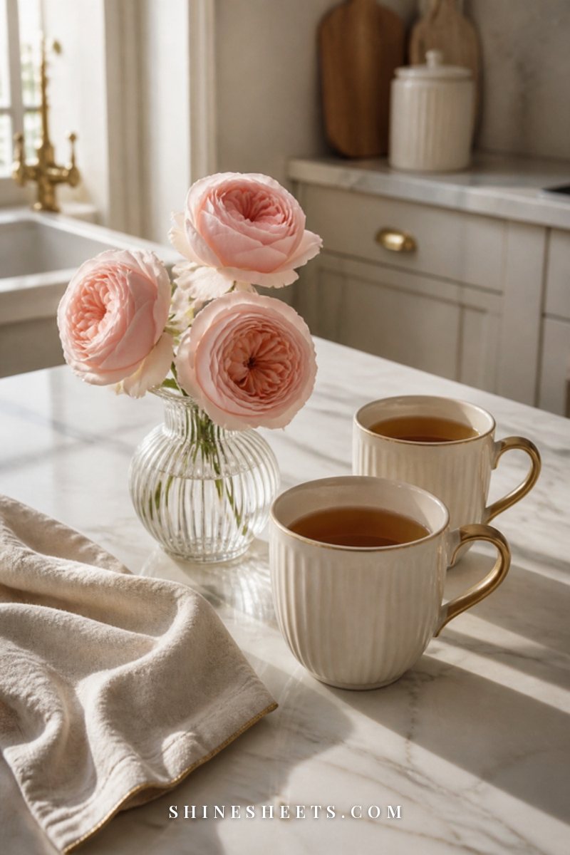 A small glass bud vase of blush roses beside two ceramic mugs on a sunny kitchen counter