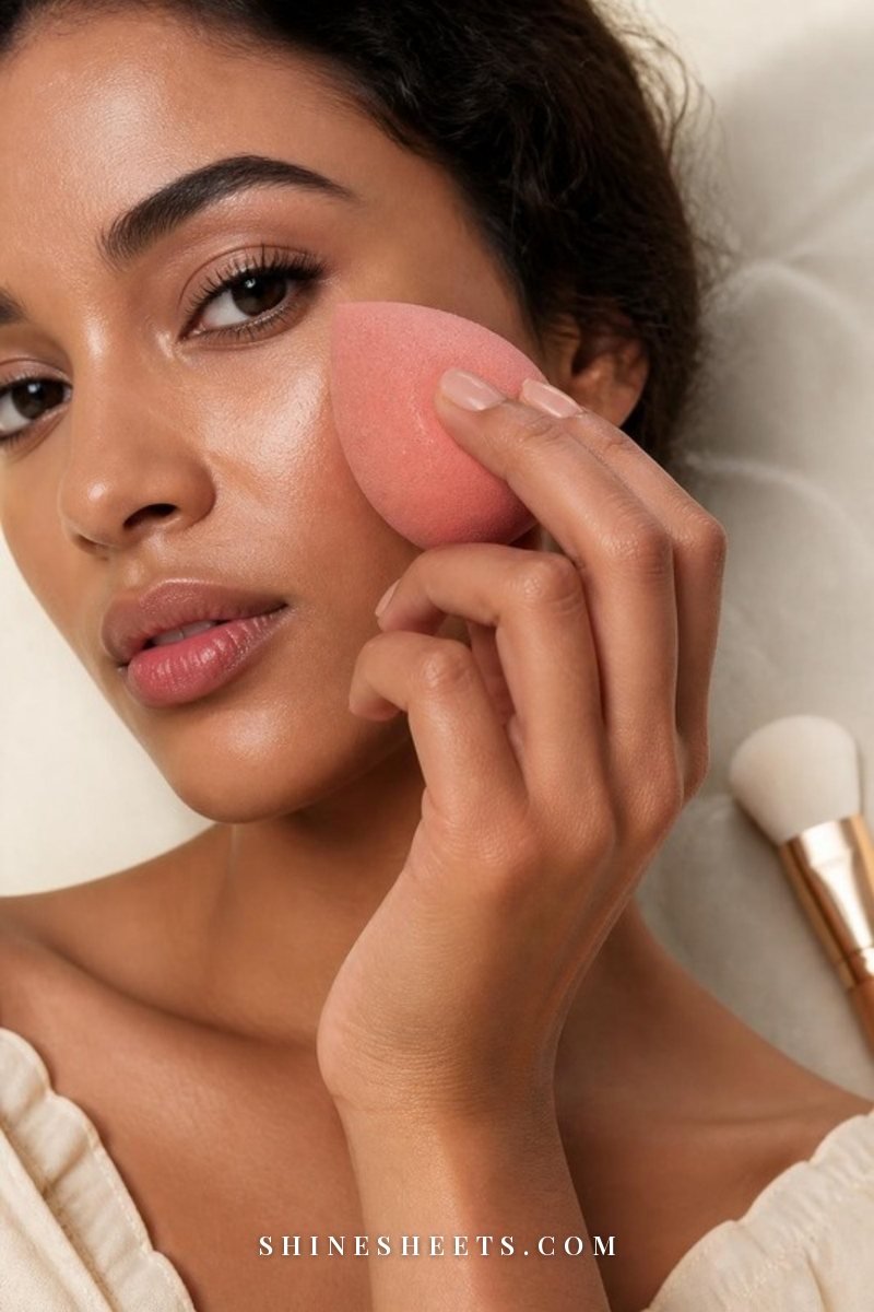 Close-up of a woman pressing a damp blush pink makeup sponge onto her cheek, foundation melting into skin