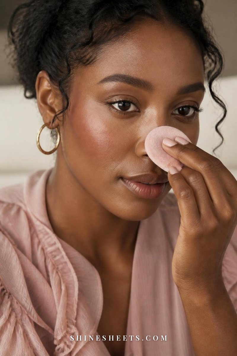 Close-up of a woman pressing a small velour puff with translucent powder onto the side of her nose and center of her forehead