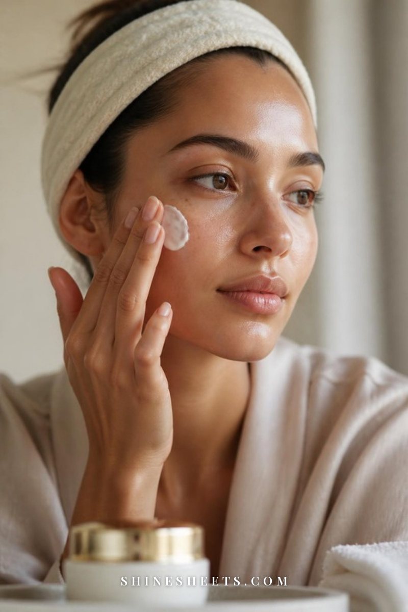 Close-up of a woman's cheek with a thin, freshly absorbed layer of moisturizer, fingertips gently pressing it into the skin