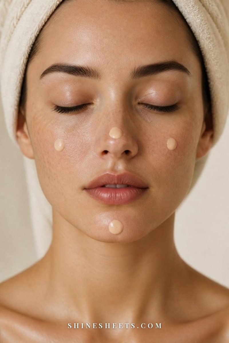 Close-up of a woman's face with a few small dots of liquid foundation on the center of her cheeks, nose and chin before blending