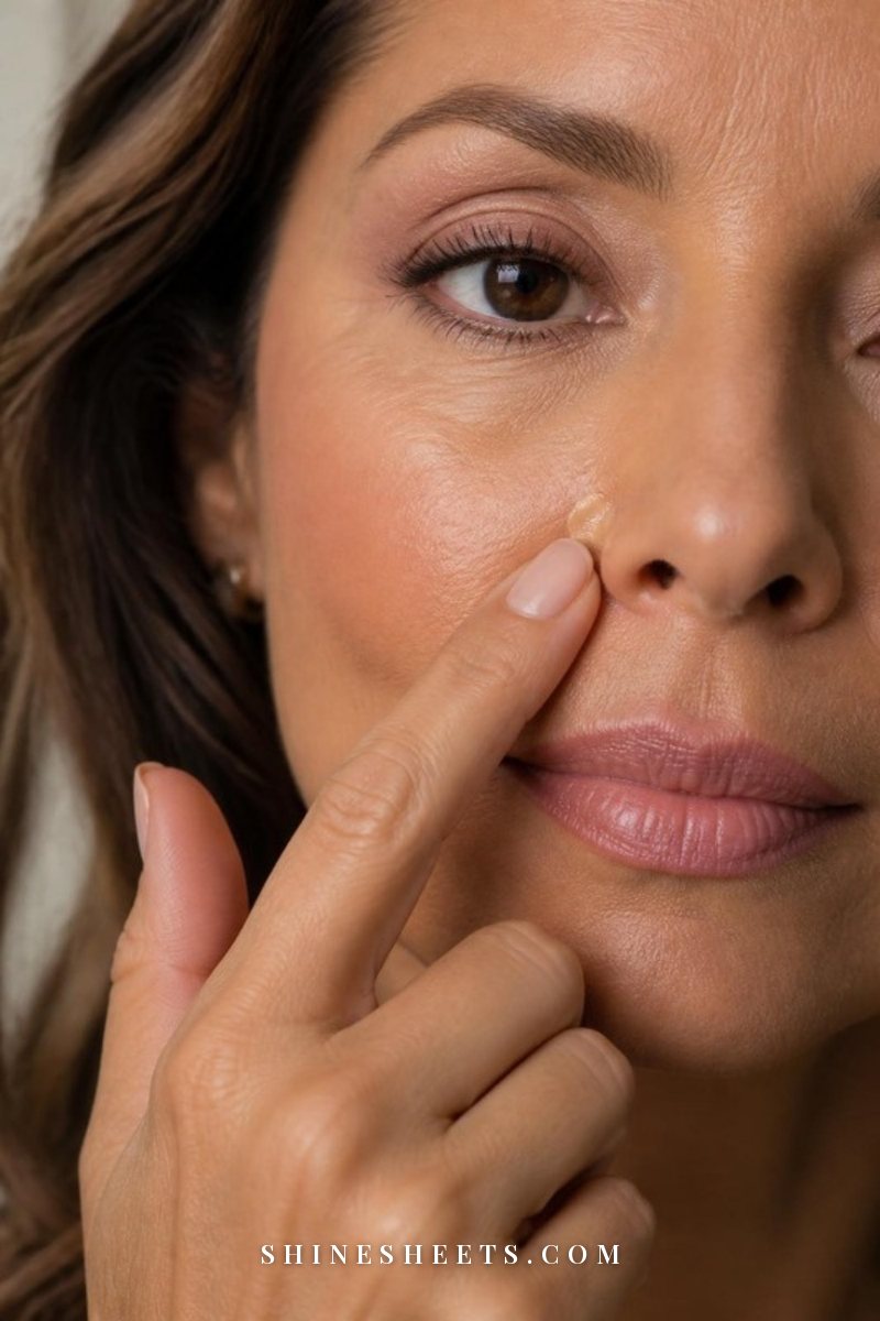 Close-up of a woman's face with a tiny dot of concealer being tapped onto a small red spot beside her nose with a fingertip