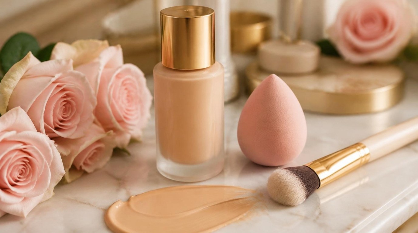 Frosted foundation bottle, swatch of liquid foundation, pink makeup sponge and brush with roses