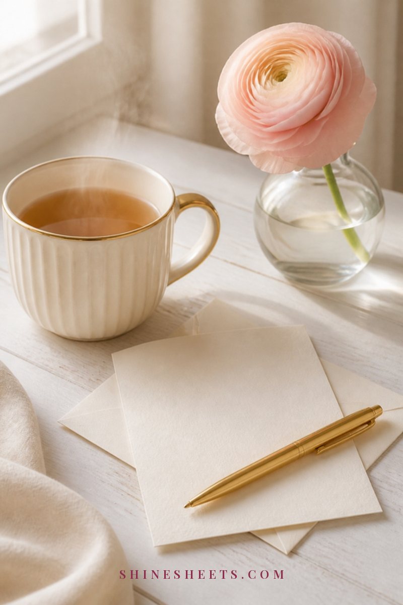 A blank notecard with a gold pen beside a cream ceramic mug of tea on a white wooden desk