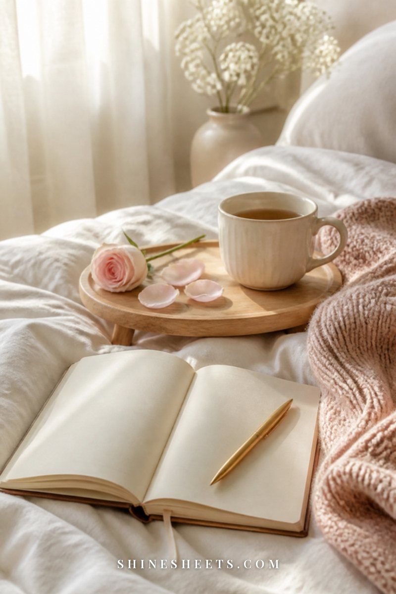 A cream ceramic mug of tea, an open blank journal and a gold pen on a white bed with soft morning light