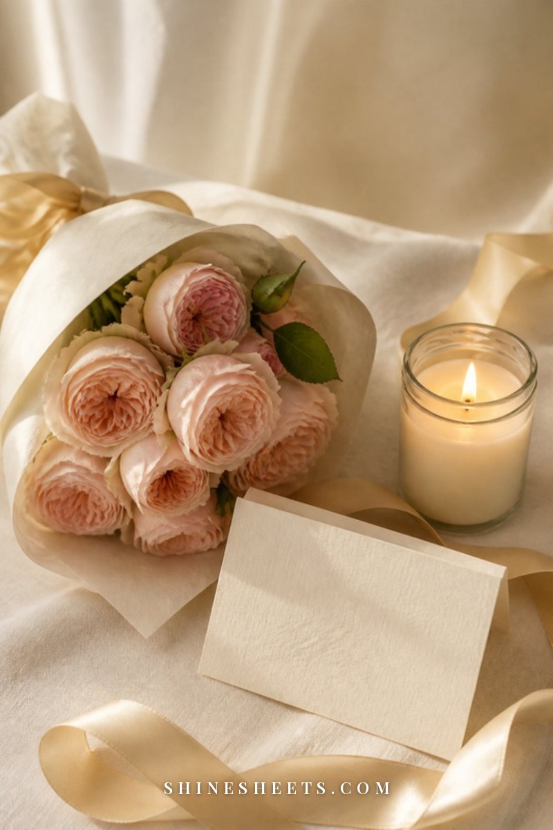 A lit candle in a clear glass jar beside a small bouquet of blush roses and a folded thank-you card on a cream table