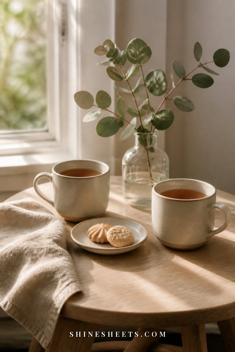 Two cream ceramic mugs of tea on a small wooden table by a window with soft afternoon light