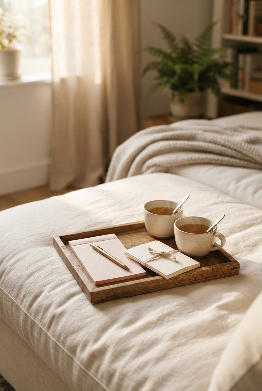 A blush notepad with a pen, a stack of conversation cards and two cups of tea on a cream linen sofa
