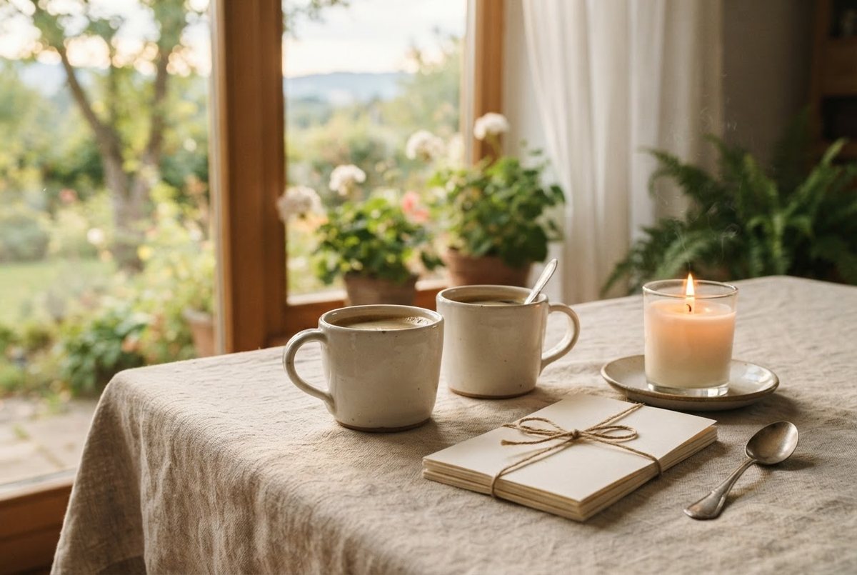 Two cream ceramic mugs, a small stack of love notes and a lit glass candle on a linen-covered breakfast table