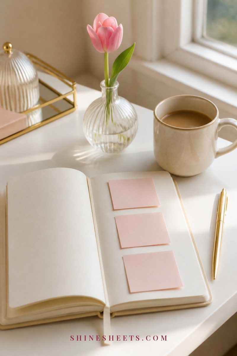 Open cream planner with three small blank blush sticky notes, a ceramic mug of coffee and a gold pen on a white desk