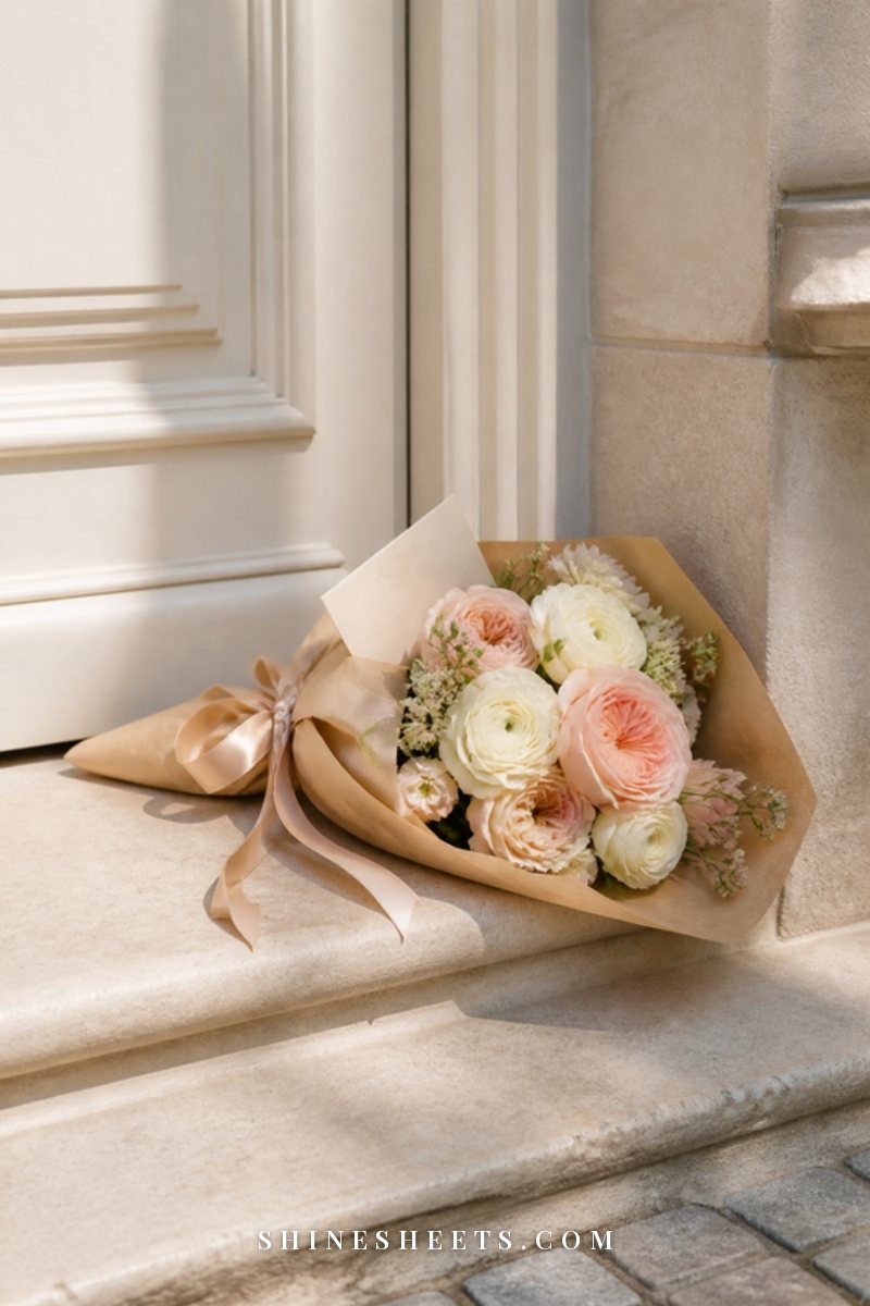 Small bouquet of blush and cream flowers wrapped in paper with a blank cream card resting on a doorstep
