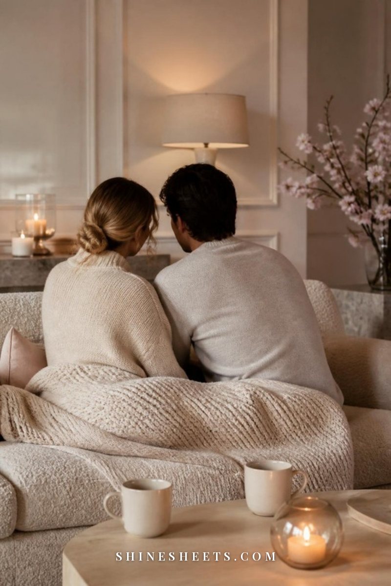 A couple seen from behind sitting close on a cream sofa under a soft beige knit throw, two ceramic mugs on a wooden coffee table, warm lamp light in the evening