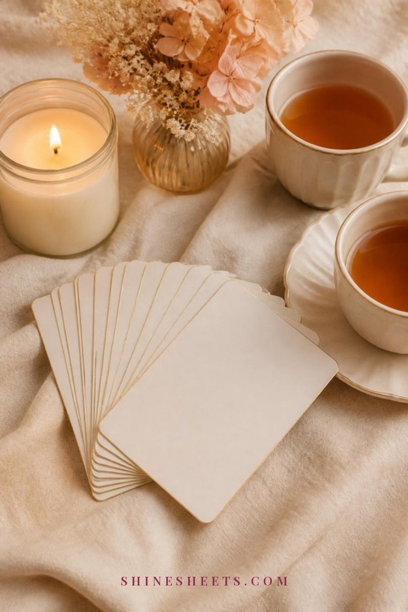 A fanned deck of blank cream conversation cards on a beige linen blanket beside two ceramic teacups, a glass jar candle and a small vase of dried flowers in soft evening light