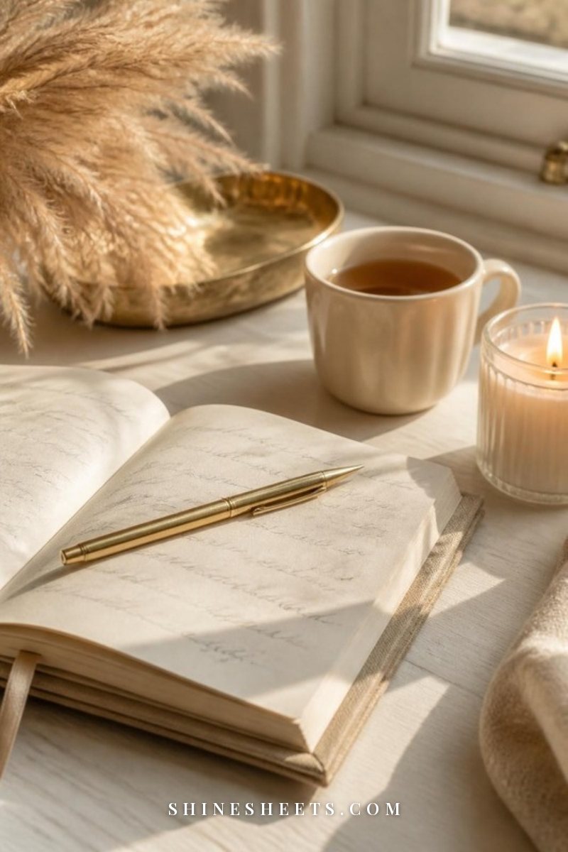 Open cream linen notebook with soft illegible pencil scribbles, a gold pen, a cup of tea and a glass jar candle on a white wooden desk in soft morning light