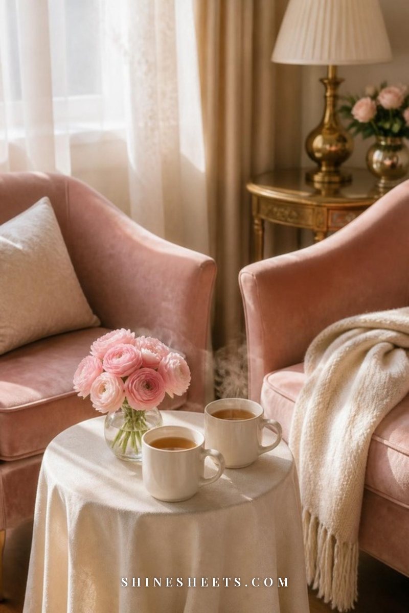 Two cream ceramic mugs of tea on a small round linen-covered table between two armchairs facing each other in soft afternoon light